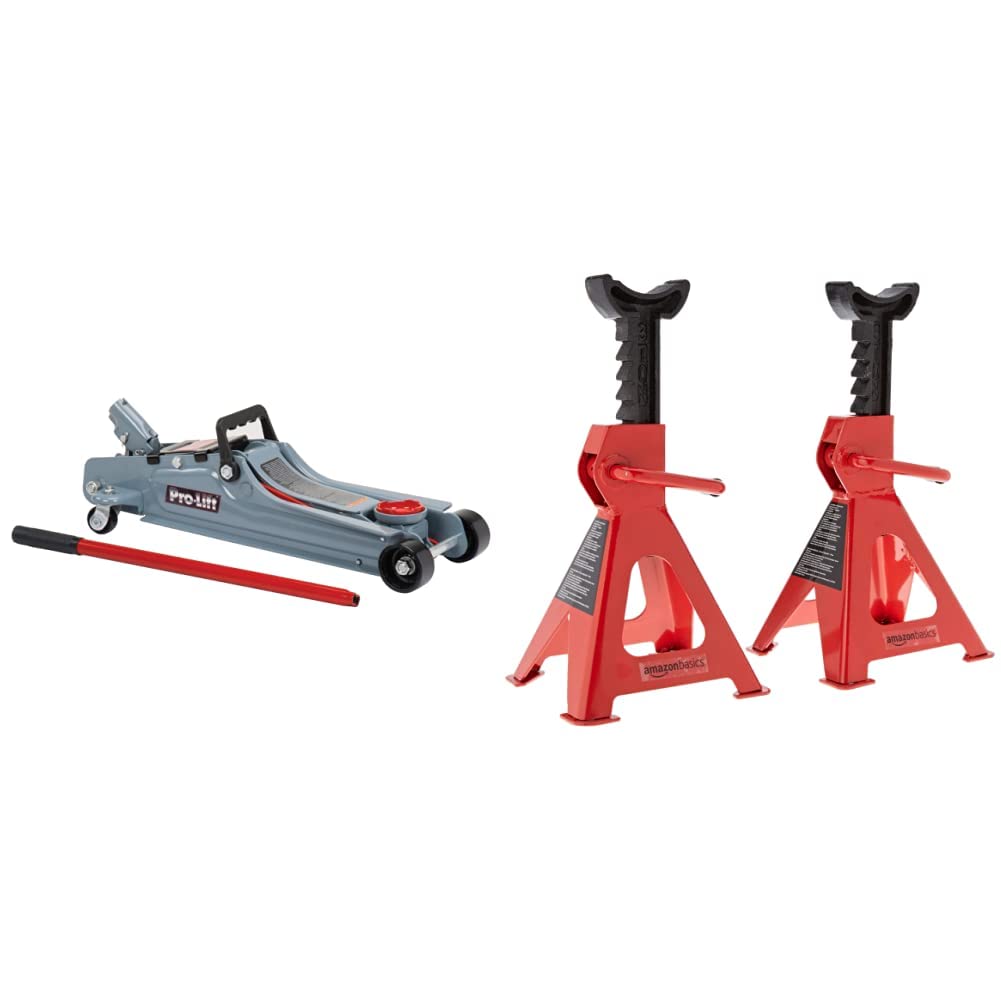2 Ton Low Profile Floor Jack + 3 Ton Jack Stands, Black and Red O574646