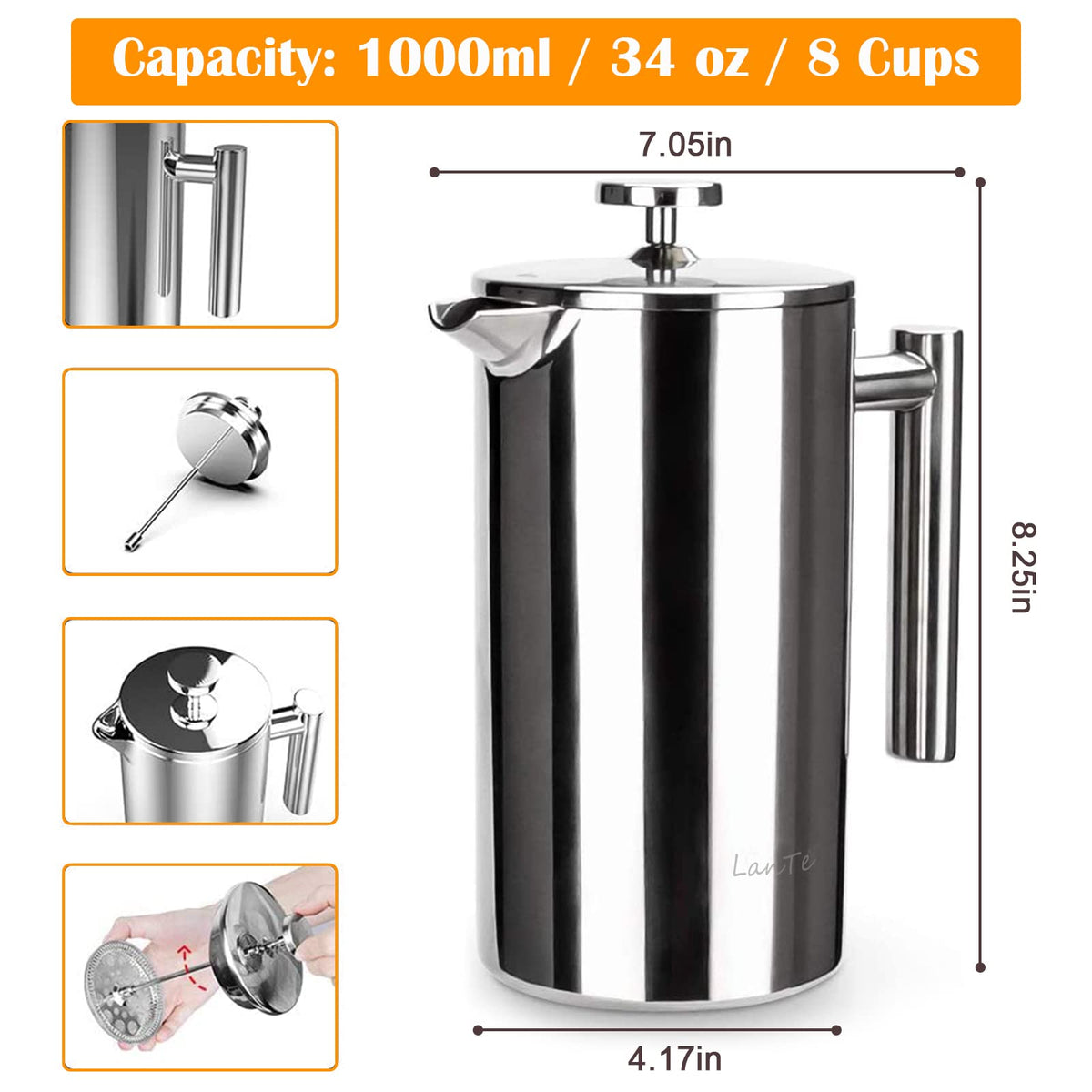 Double Insulated 304 Stainless Steel French Press Coffee Maker 1000ml S176655