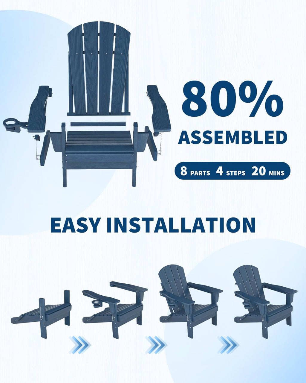 HDPE Folding Adirondack Chair Set of 2 with Side Table, Navy Blue Y3483