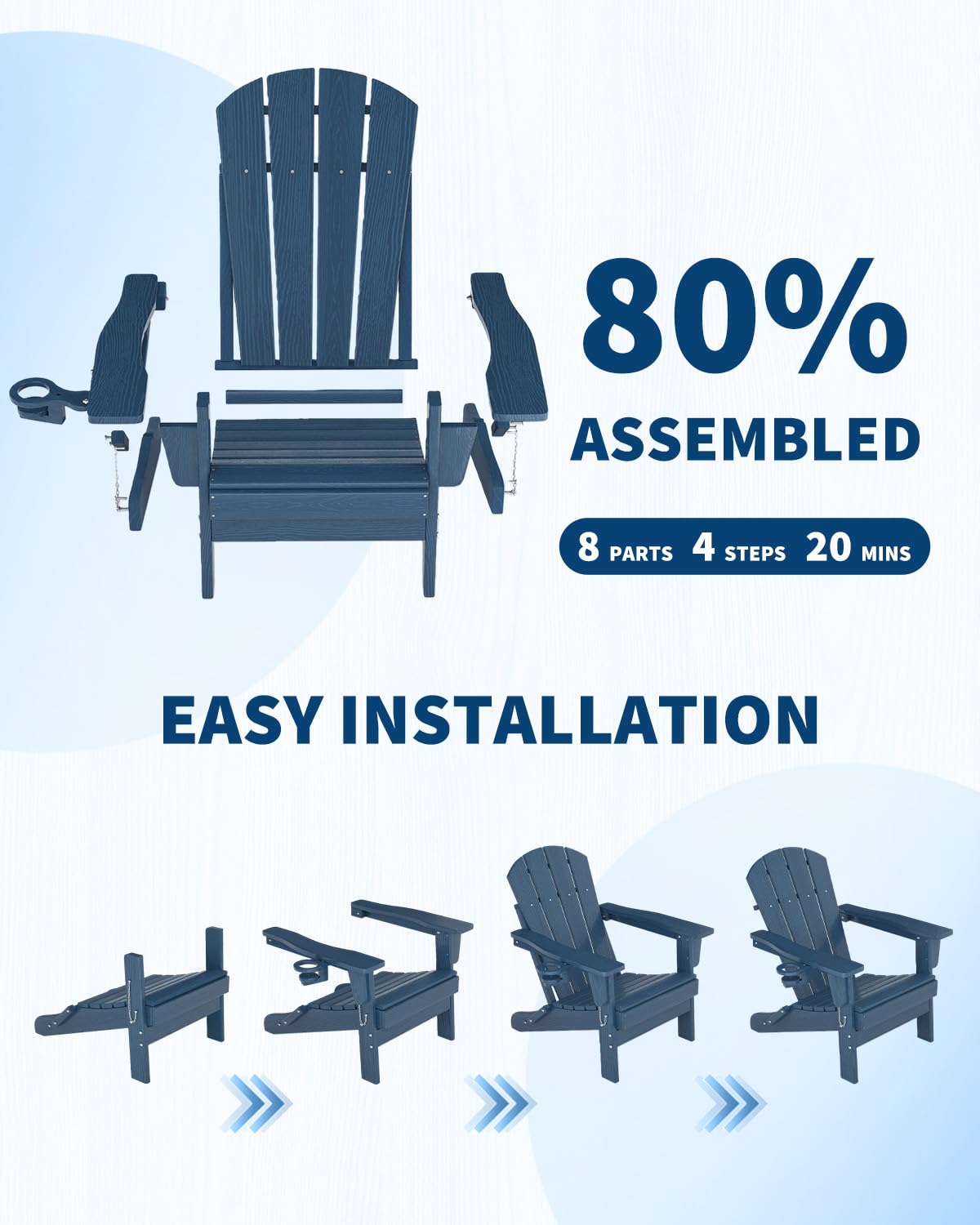 HDPE Folding Adirondack Chair Set of 2 with Side Table, Navy Blue Y3483