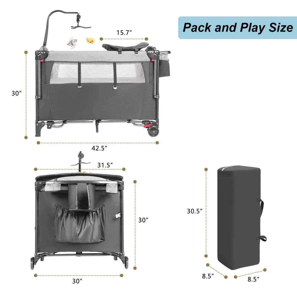 5-in-1 Pack and Play Baby Bassinet Bedside Sleeper Grey M36406