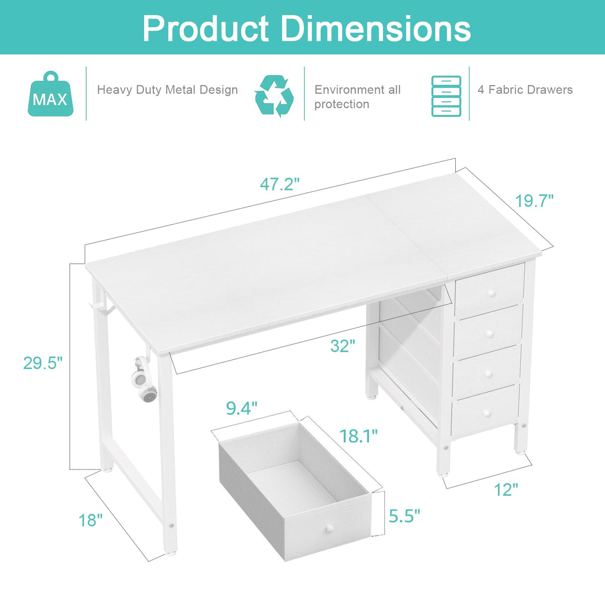 White 47 Inch Computer Desk with Drawers H655528