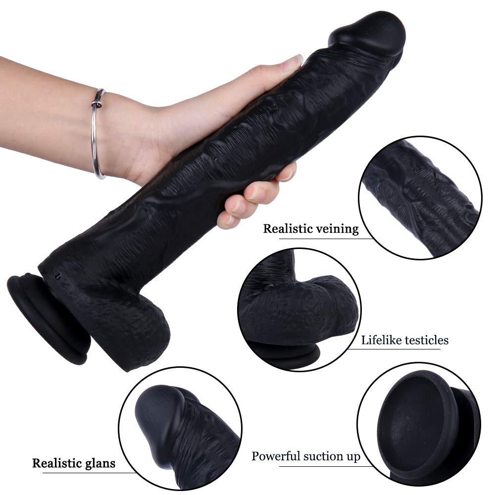 12 Inch Black Realistic Silicone Dildo with Suction Cup W194168