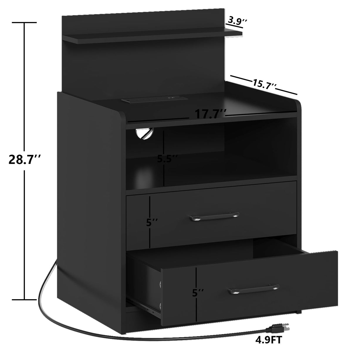 Black LED Nightstand with Charging Station and 2 Drawers Q2345