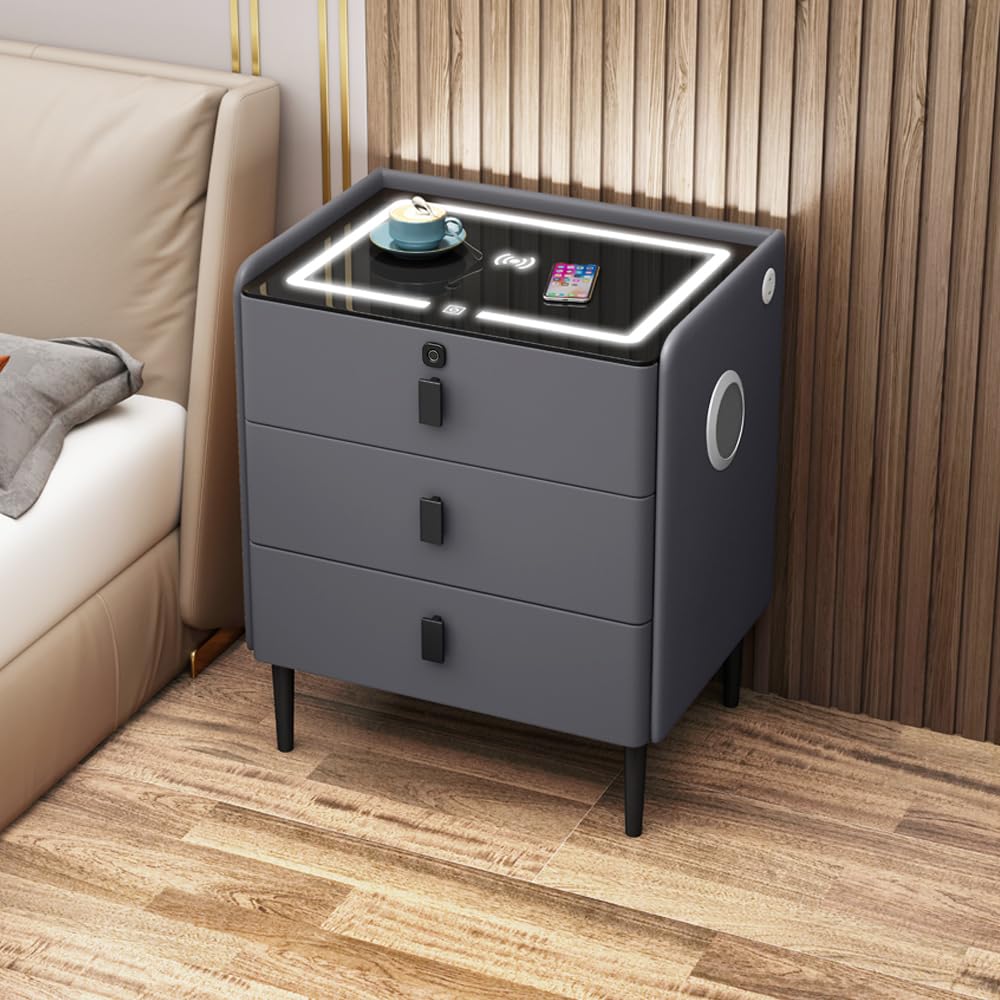 Gray 3 Tier Nightstand with Wireless Charging and Fingerprint Lock B9442