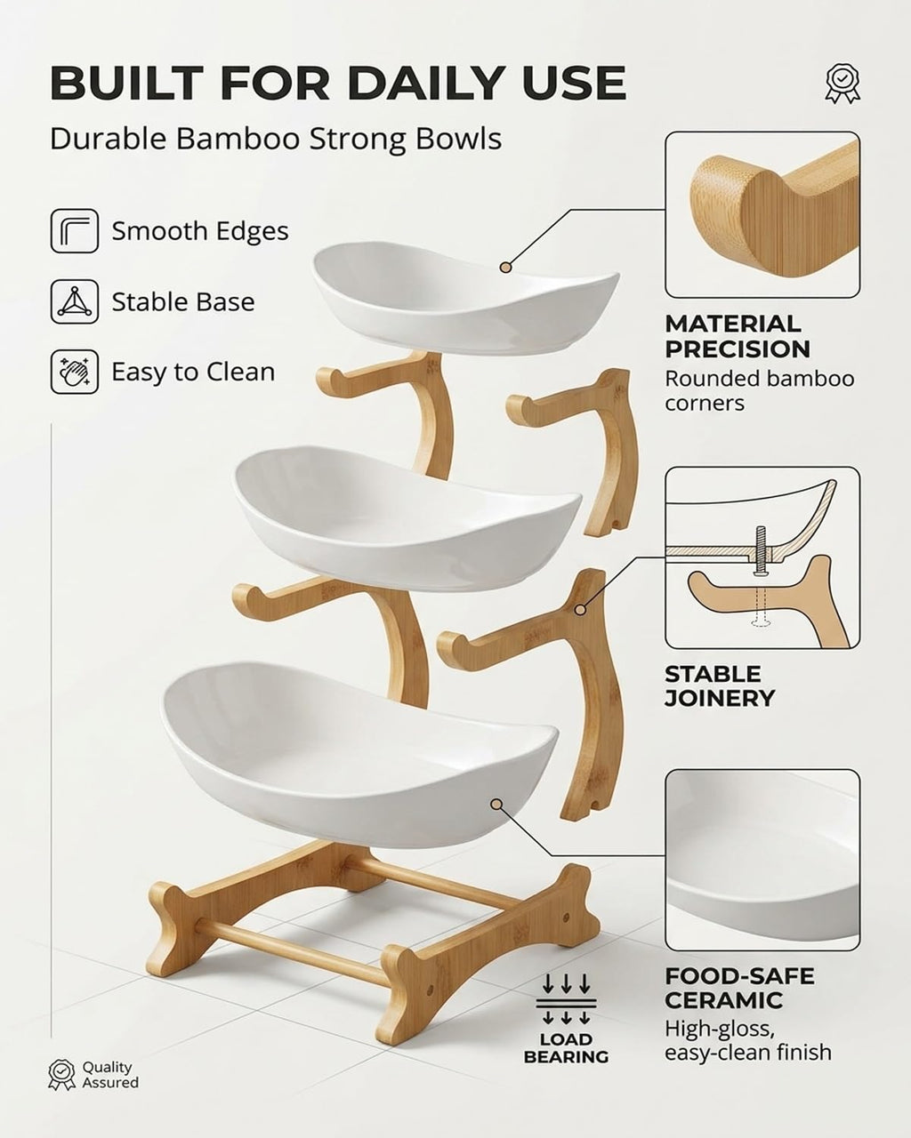 3 Tier Oval Fruit Basket with Bamboo Stand T427