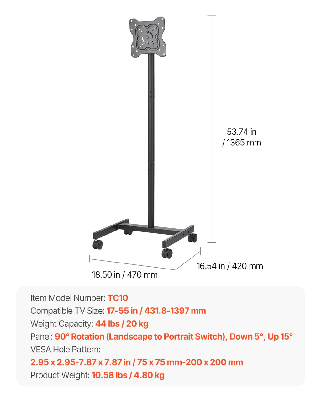 Rolling TV Stand for 17-55 Inch Screens with Wheels W79584