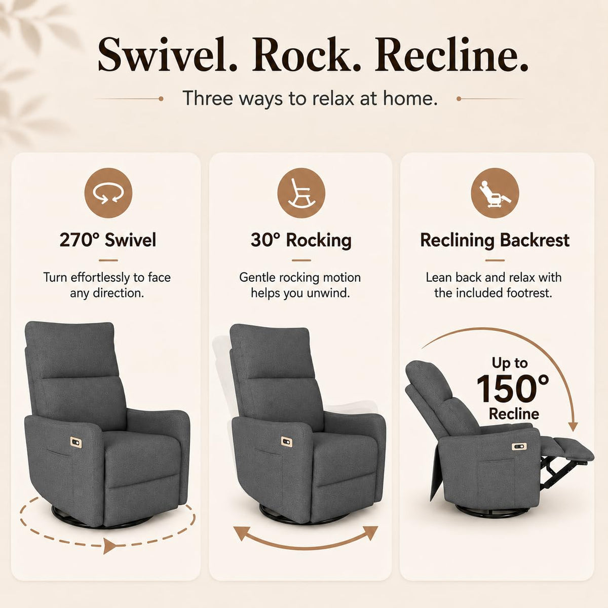 Dark Gray Swivel Rocker Recliner Chair O240