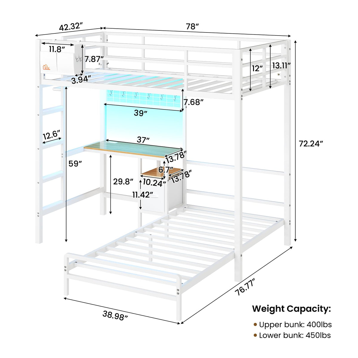 Twin Over Twin White Bunk Bed with Desk Z17970