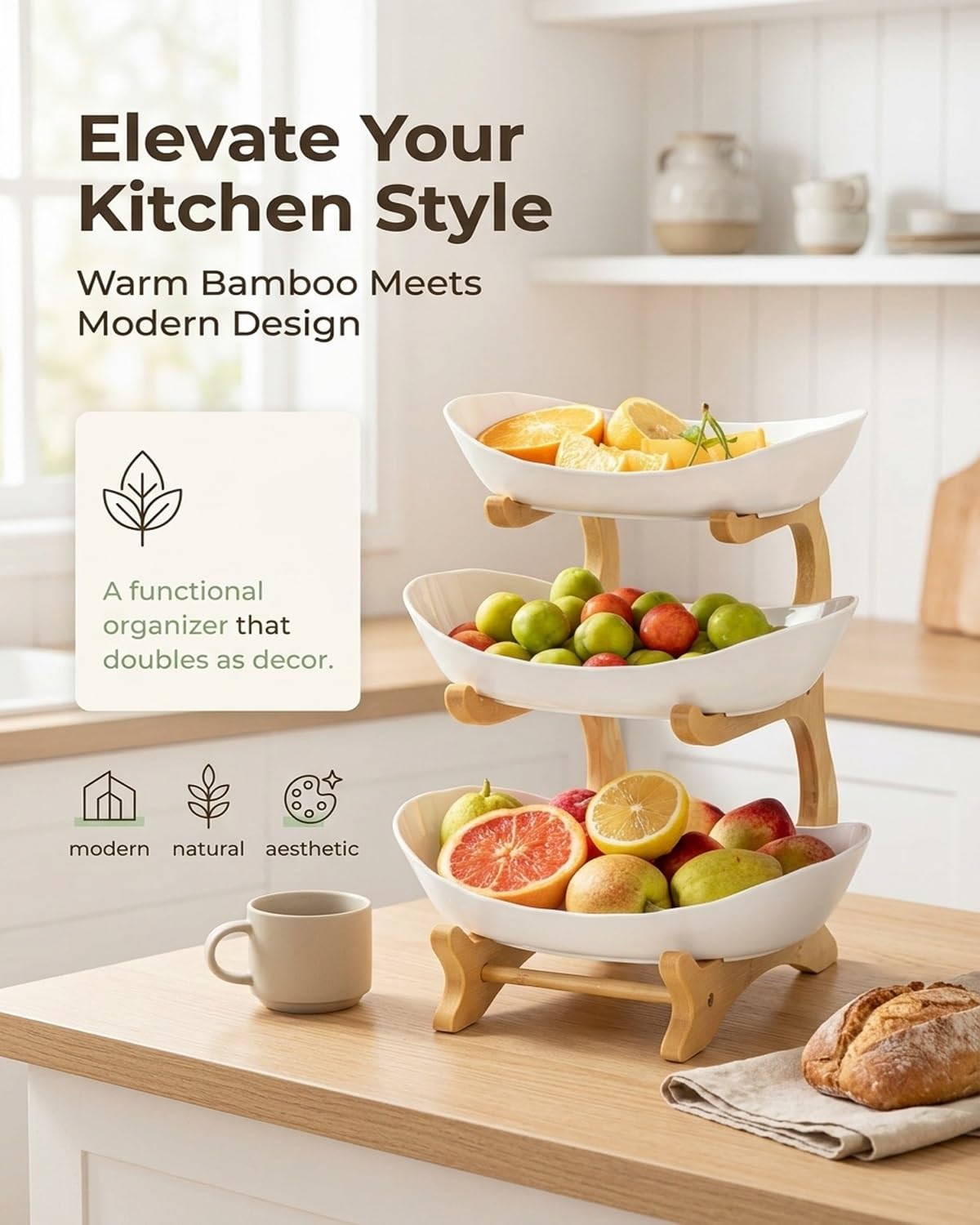3 Tier Oval Fruit Basket with Bamboo Stand T427