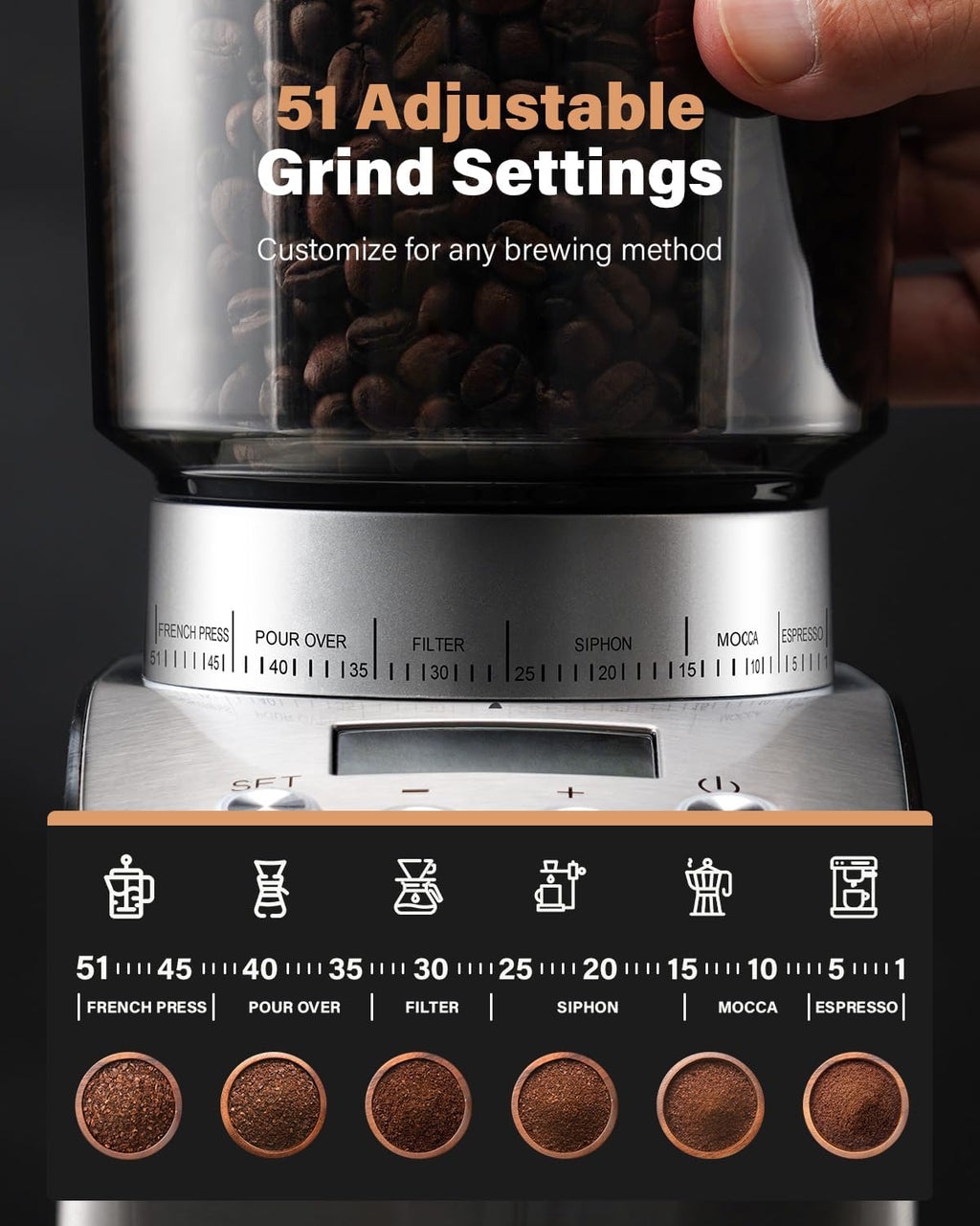 Electric Conical Burr Coffee Grinder with 51 Grind Settings N226859