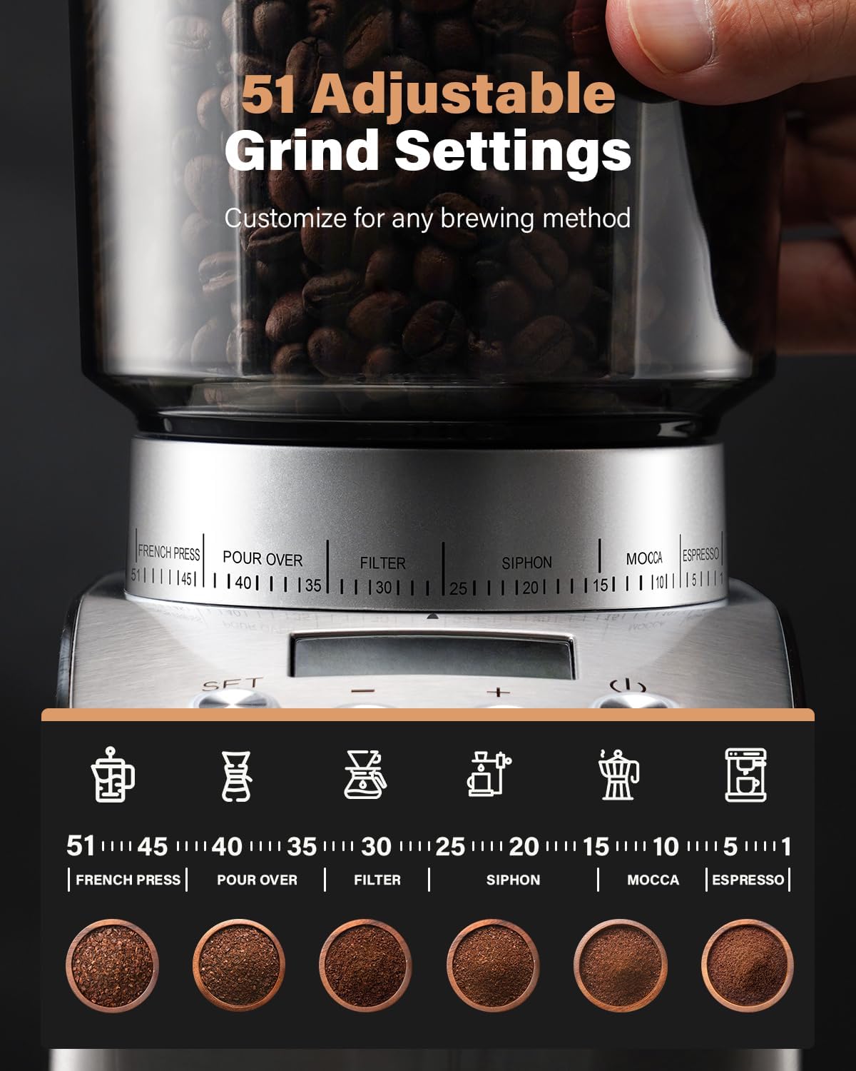 Electric Conical Burr Coffee Grinder with 51 Grind Settings N226859