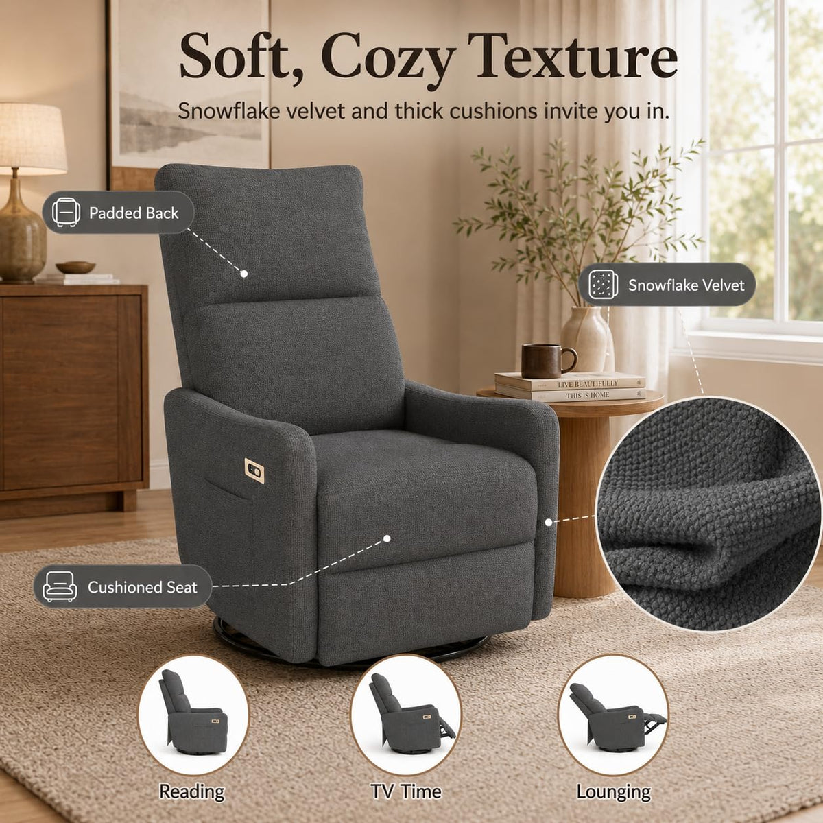 Dark Gray Swivel Rocker Recliner Chair O240
