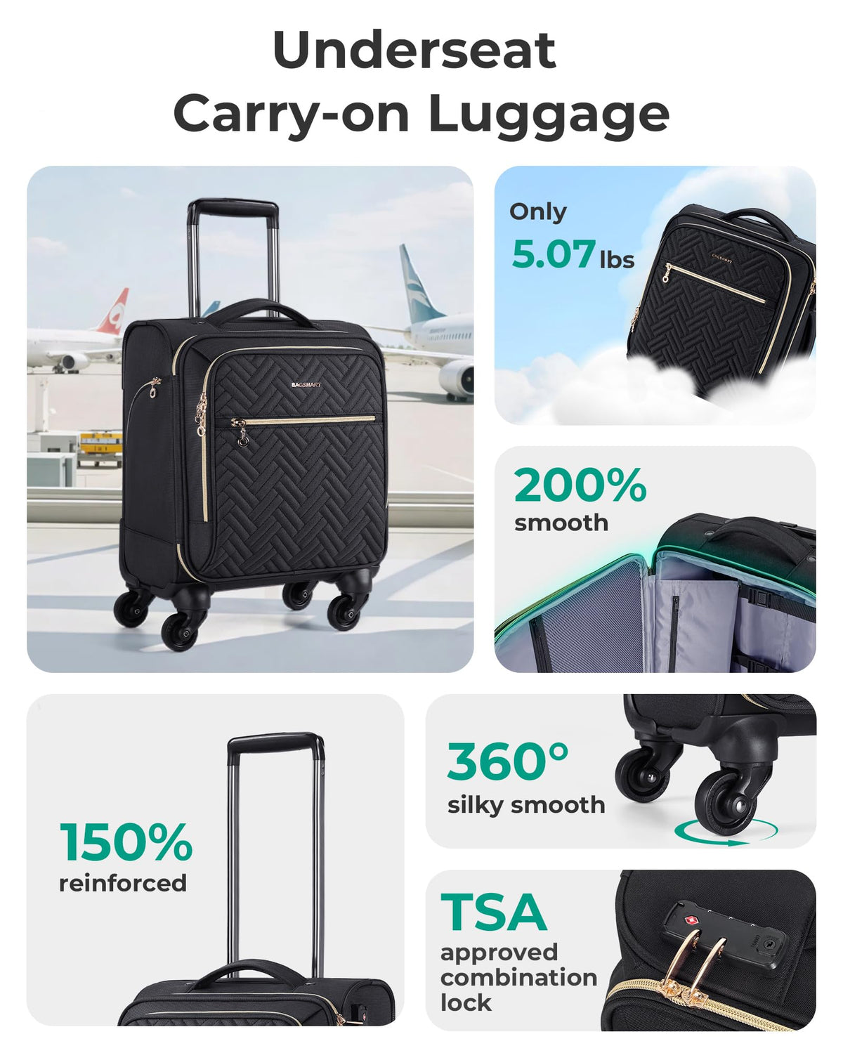 16-inch Softside Underseater Carry On Luggage with Spinner Wheels Black X90358