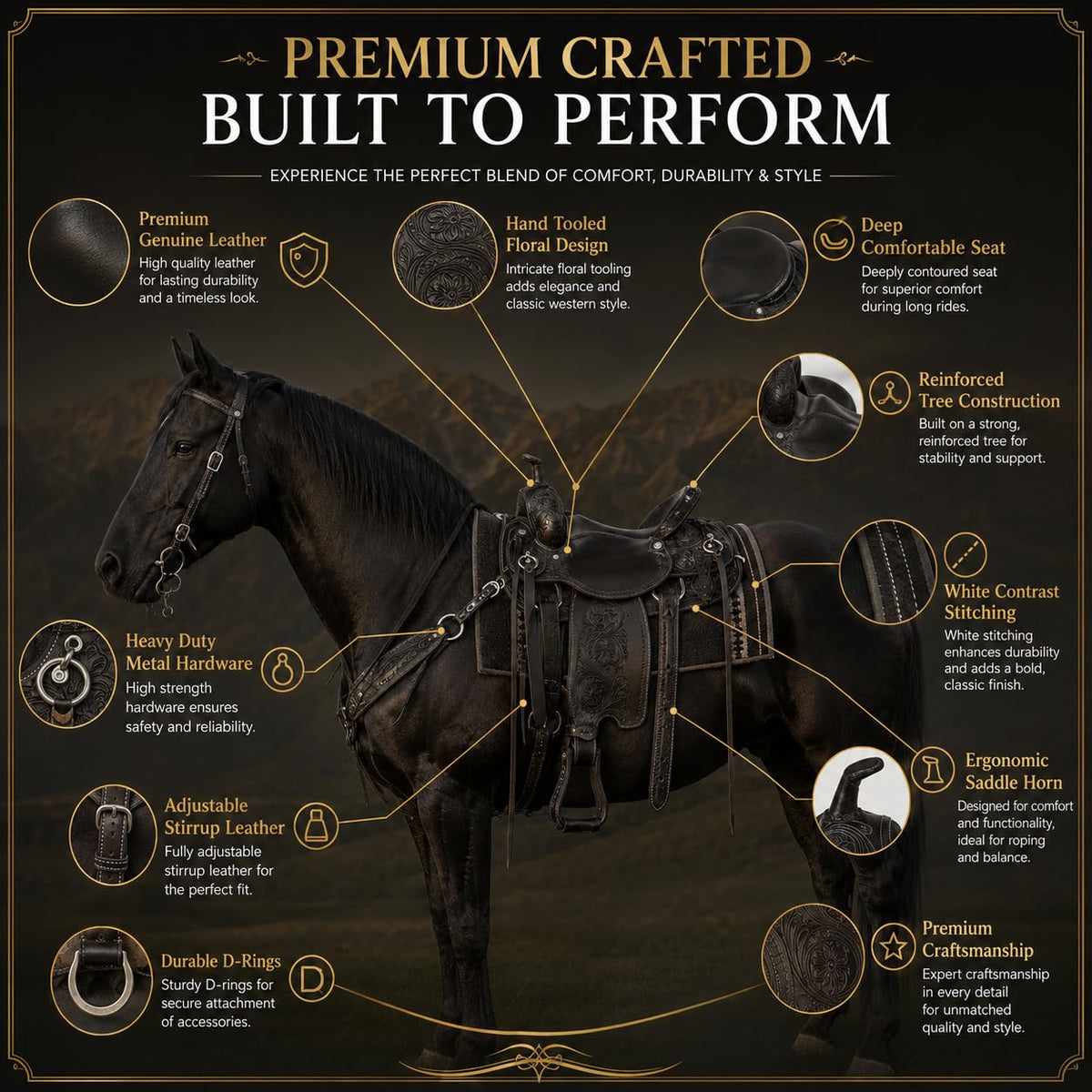 Black Floral Tooled Leather Western Saddles Combo Tack Set B359780