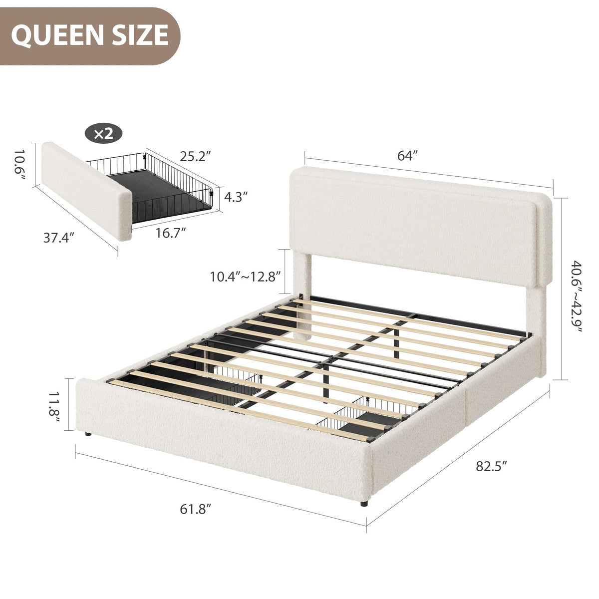 Queen Size Bed Frame with 2 Storage Drawer A834389