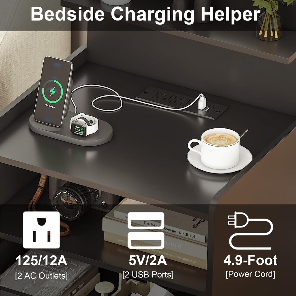 Black LED Nightstand with Charging Station and 2 Drawers Q2345