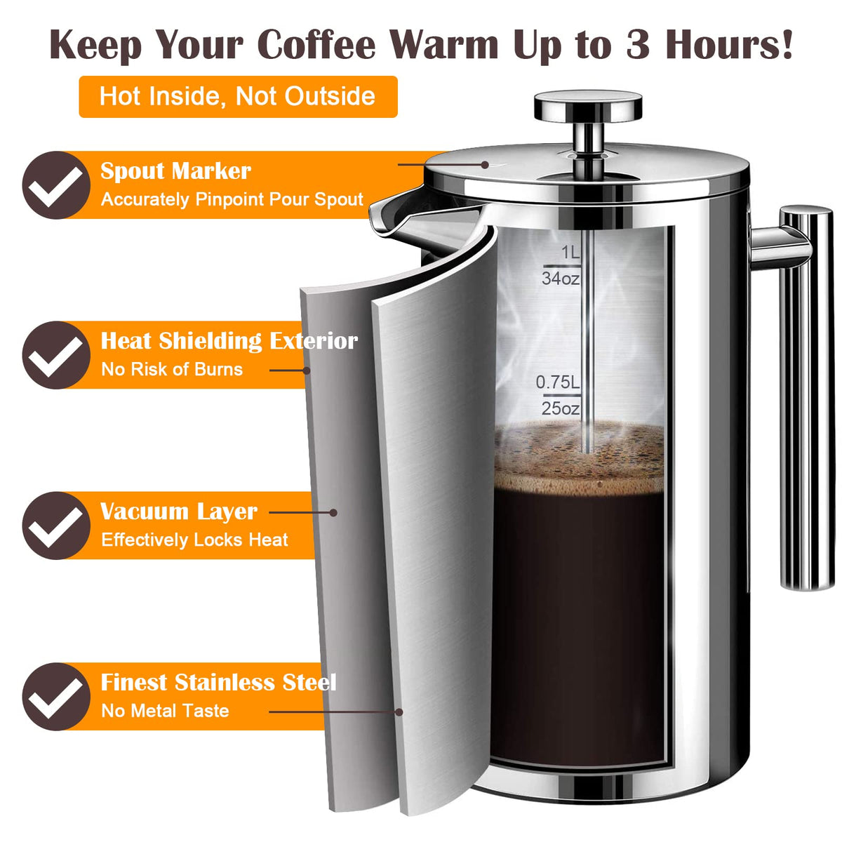 Double Insulated 304 Stainless Steel French Press Coffee Maker 1000ml S176655