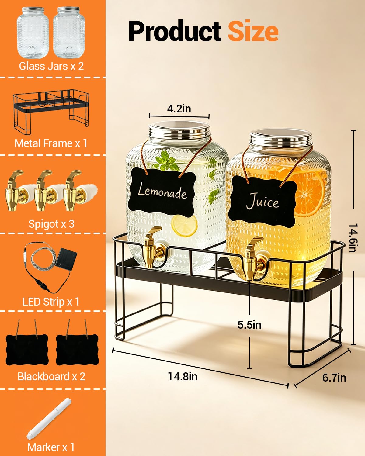 2 Pack 1 Gallon Glass Drink Dispensers with Stand S73807