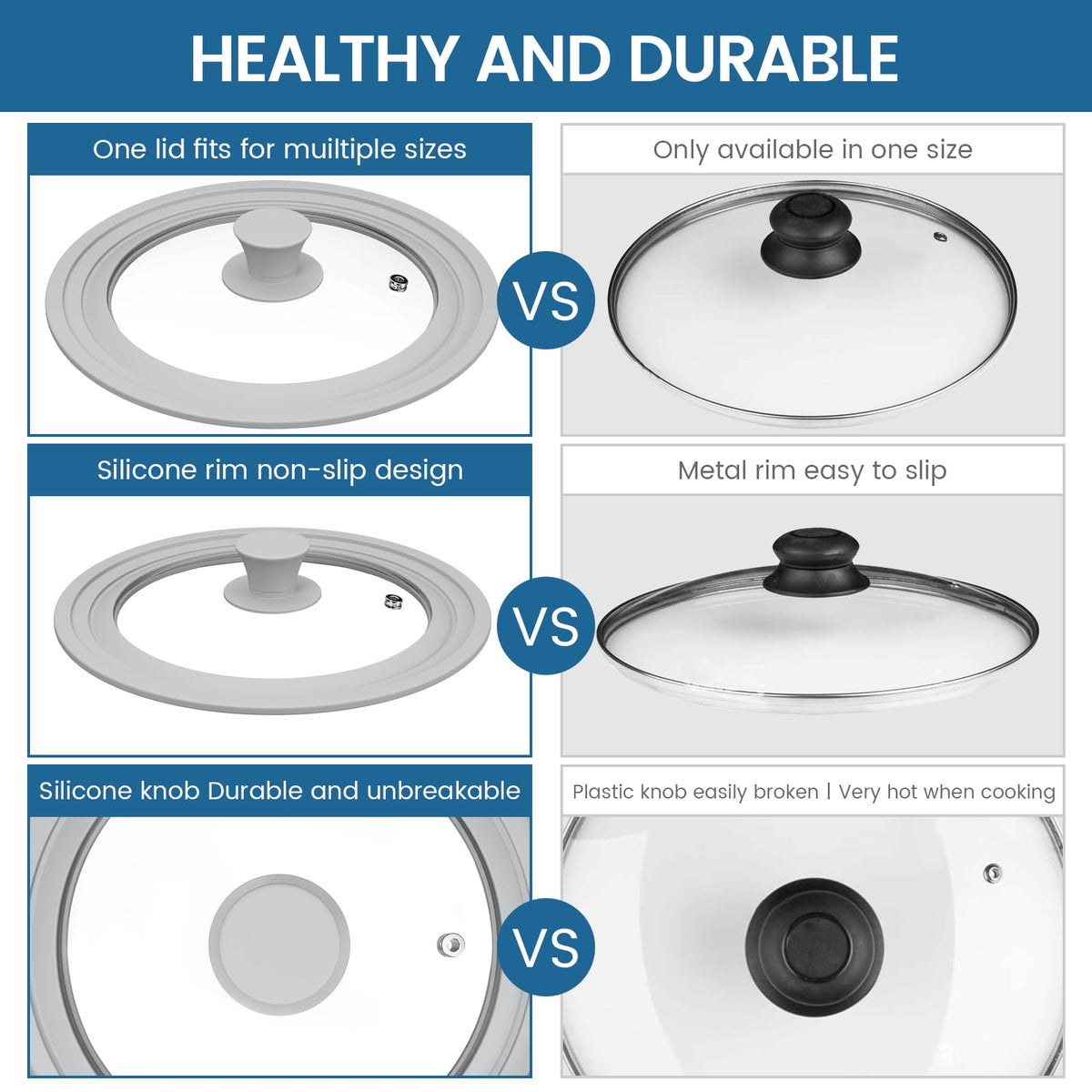 Tempered Glass Universal Lid with Silicone Rim Fits 8" 9" 9.5" Cookware B244