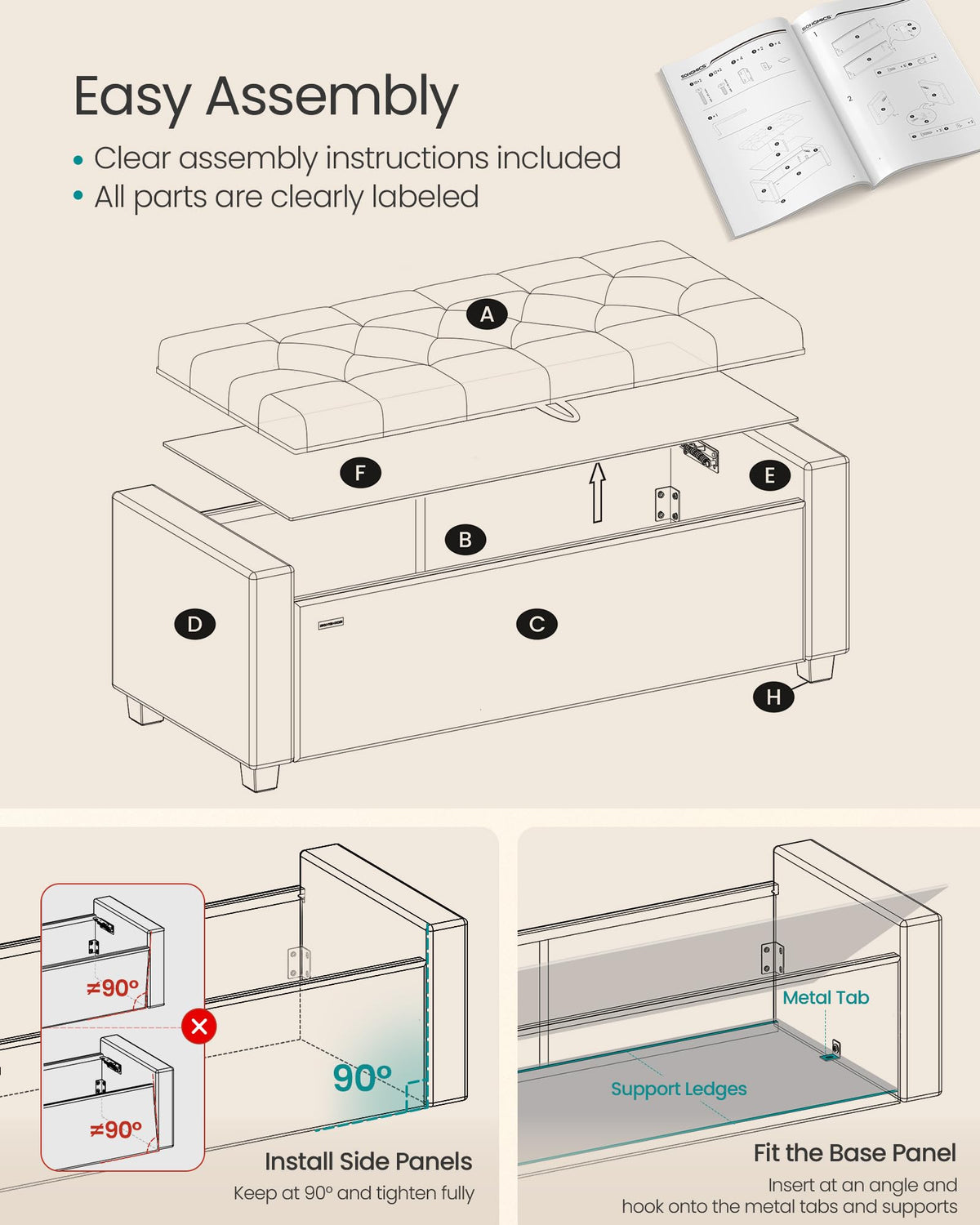 48 Inches Storage Ottoman with Solid Wood Legs L623228
