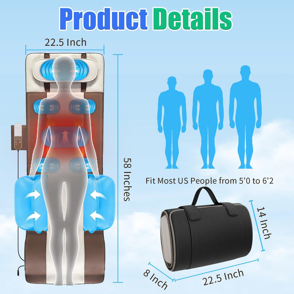 Full Body Massage Mat with Airbags Stretching & Heating, 3D Lumbar Traction, 4 Modes 3 Intensities 3 Heat Levels, PU Leather, Foldable Q20919