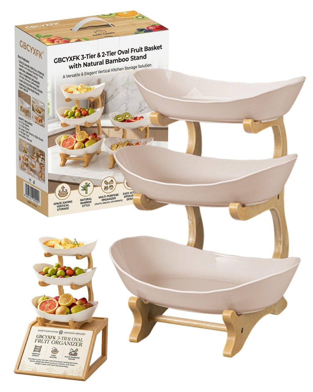 3 Tier Oval Fruit Basket with Bamboo Stand T427