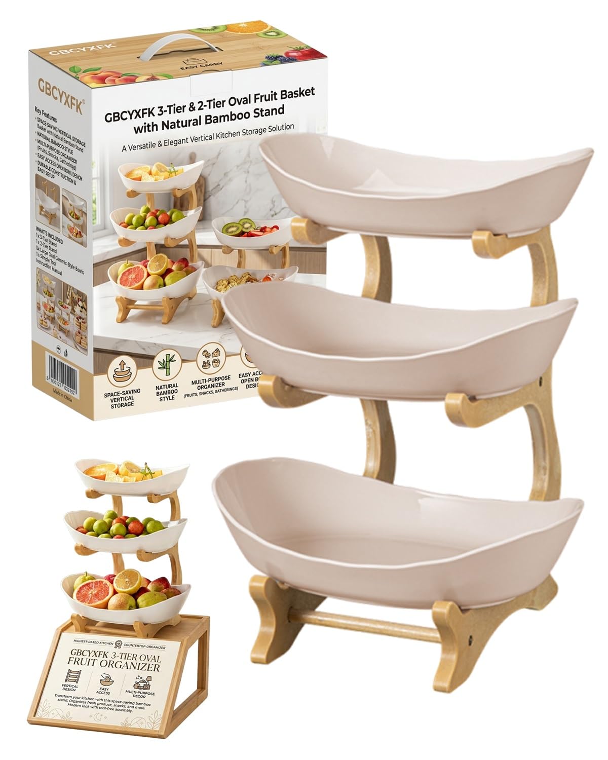 3 Tier Oval Fruit Basket with Bamboo Stand T427