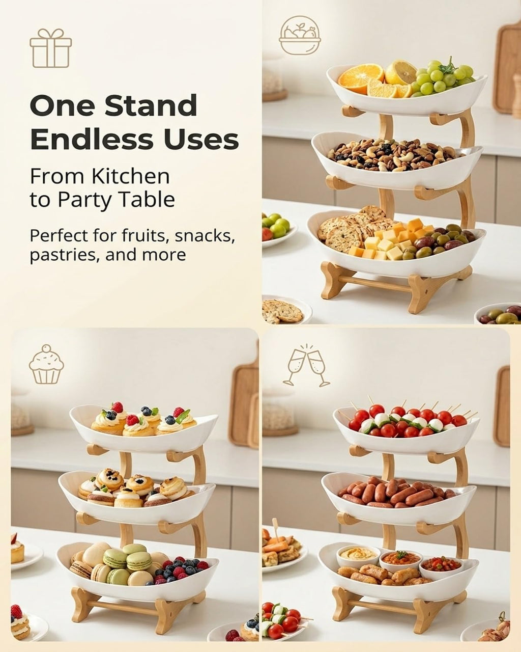 3 Tier Oval Fruit Basket with Bamboo Stand T427