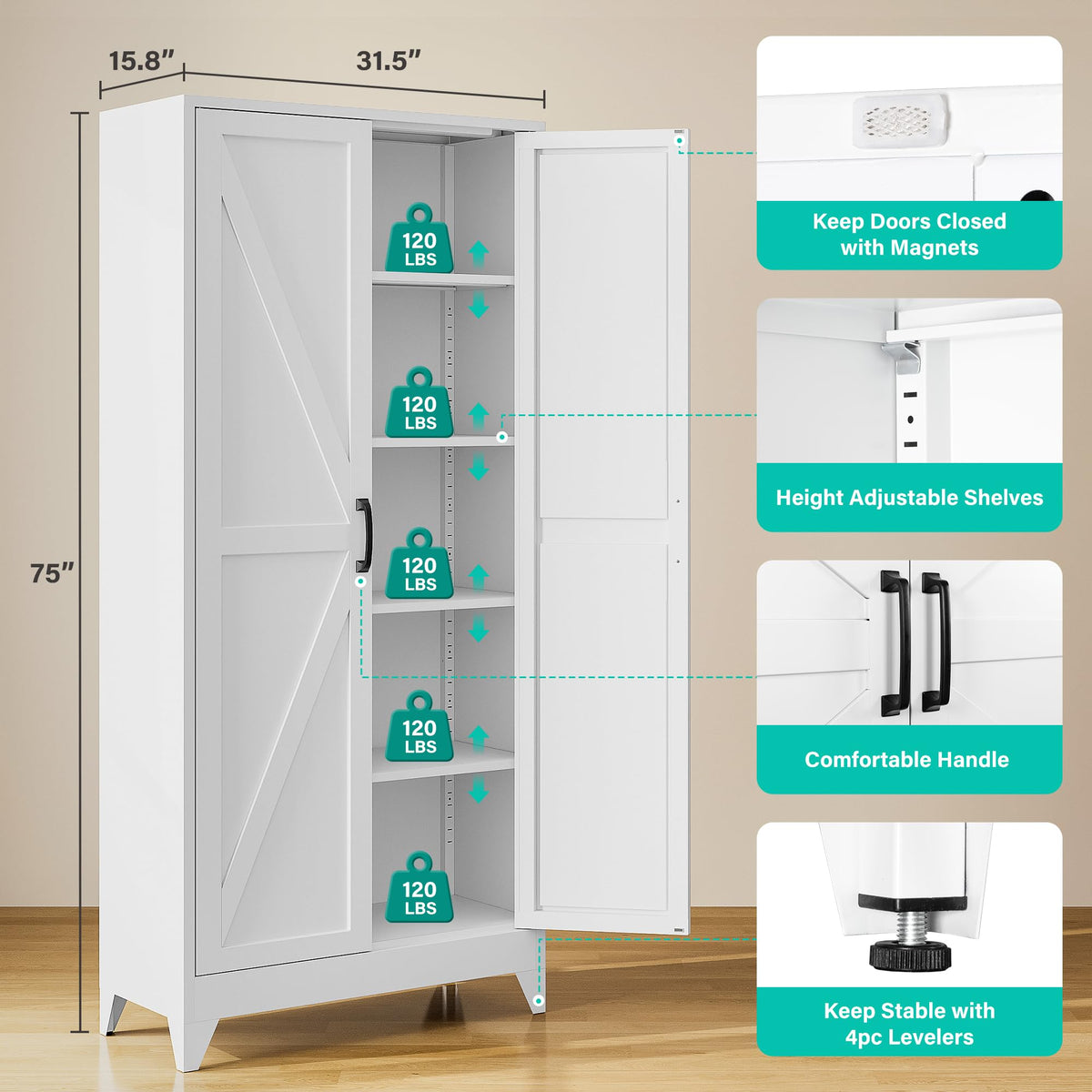 75" Tall White Metal Pantry Cabinet with 2 Doors and 5 Shelves V6215
