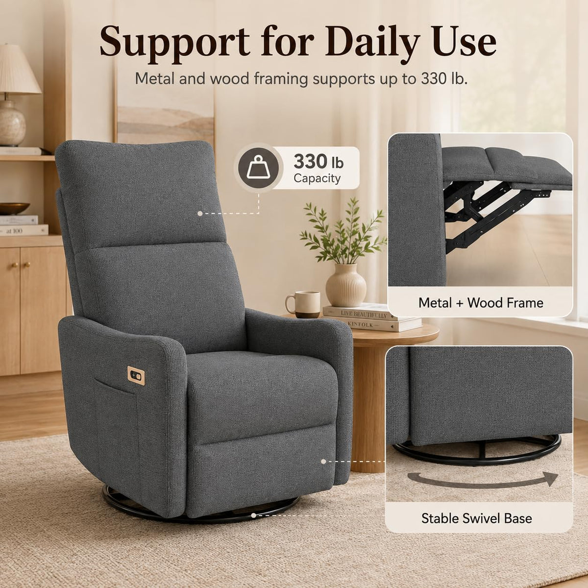 Dark Gray Swivel Rocker Recliner Chair O240