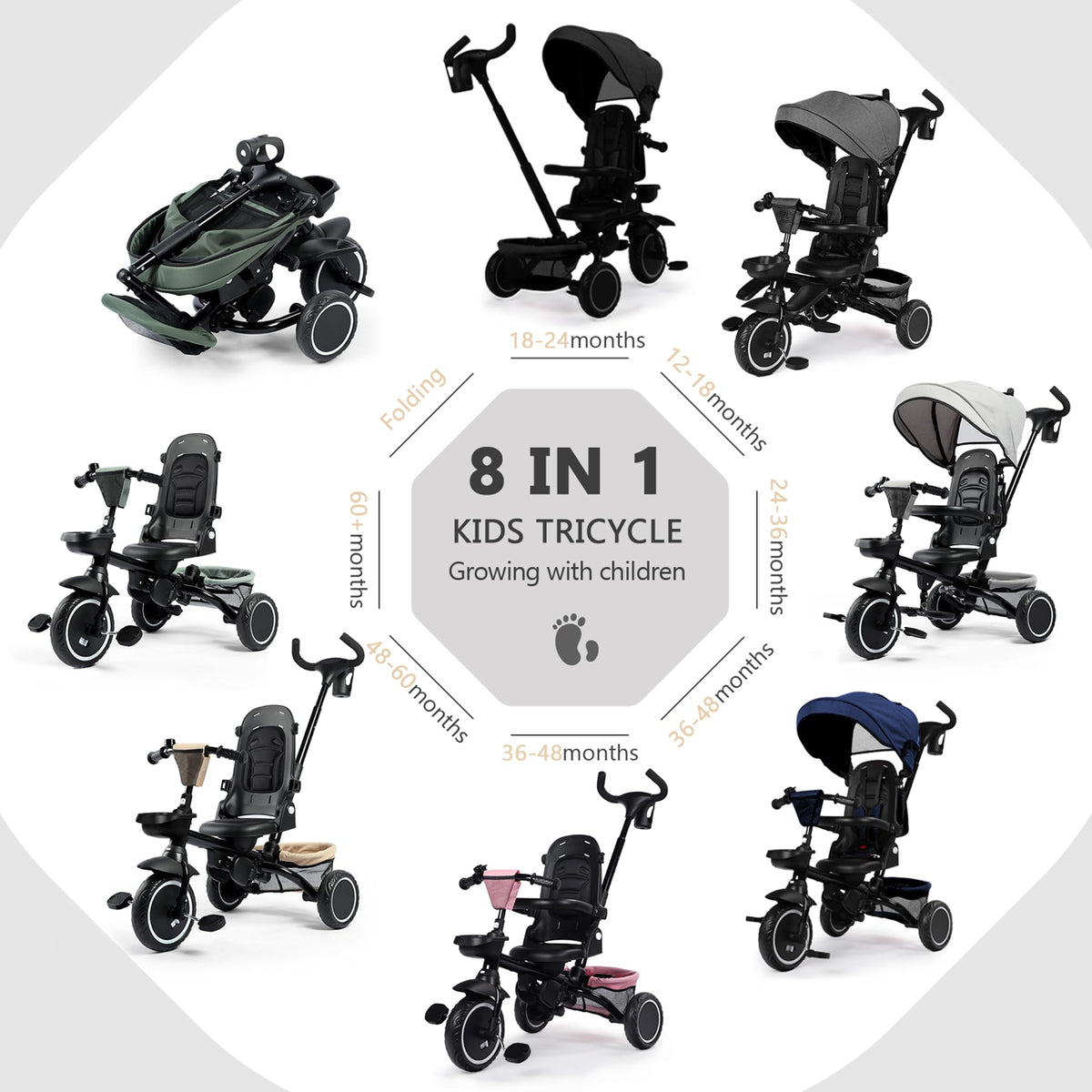8 in 1 Toddler Tricycle with Push Handle X164143