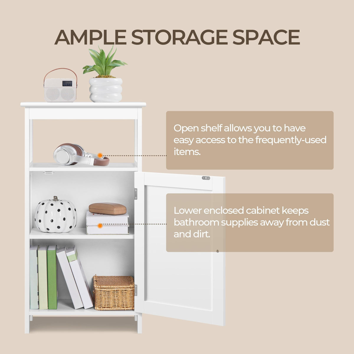 White Bathroom Storage Cabinet with Door & Open Shelf S677