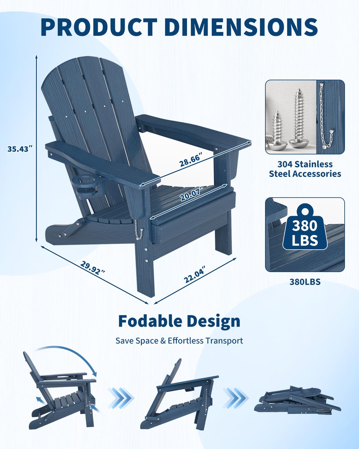 HDPE Folding Adirondack Chair Set of 2 with Side Table, Navy Blue Y3483