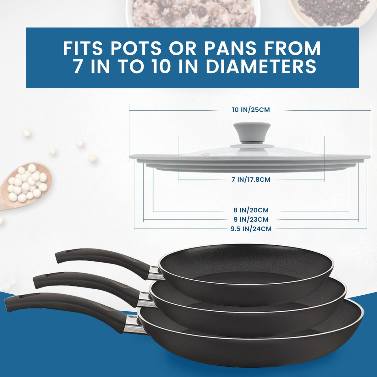 Tempered Glass Universal Lid with Silicone Rim Fits 8" 9" 9.5" Cookware B244