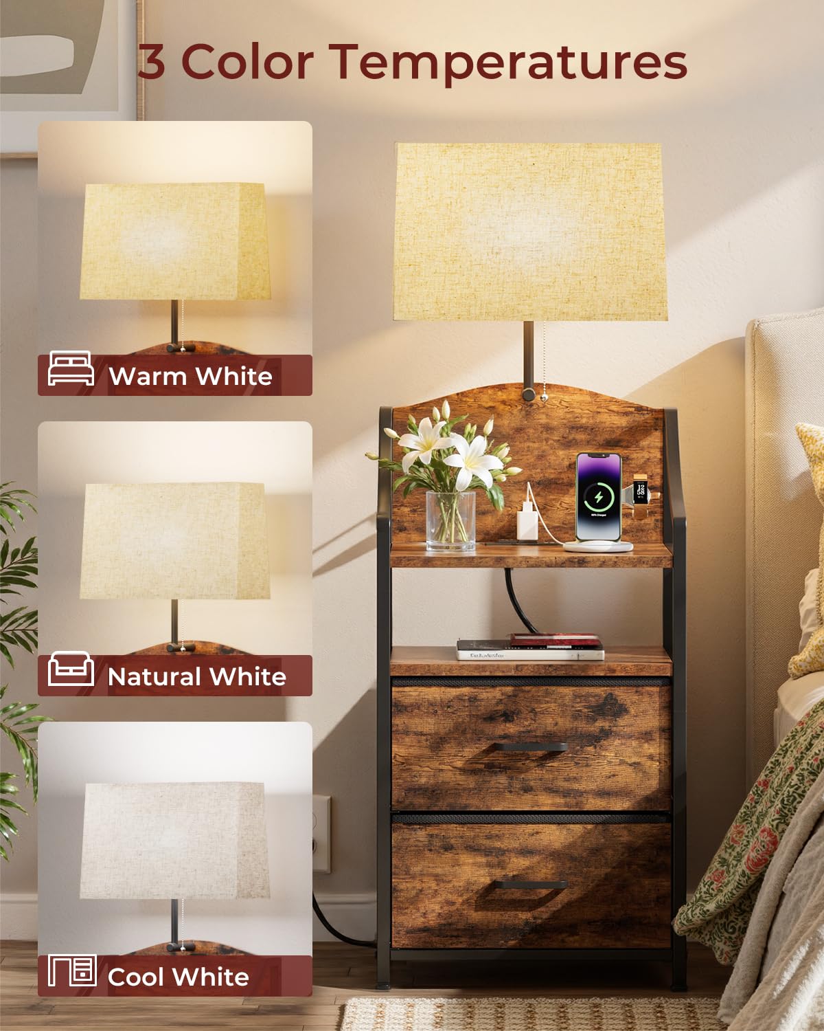 45" Tall Nightstand with Charging Station & Light E878