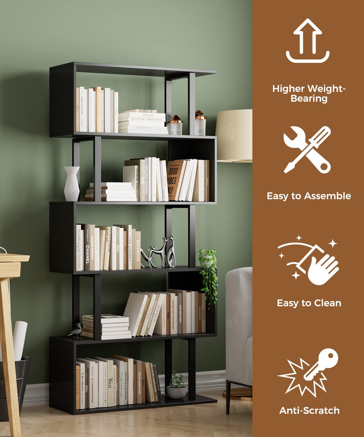 Black 5-Tier Geometric Wood Bookcase B45999