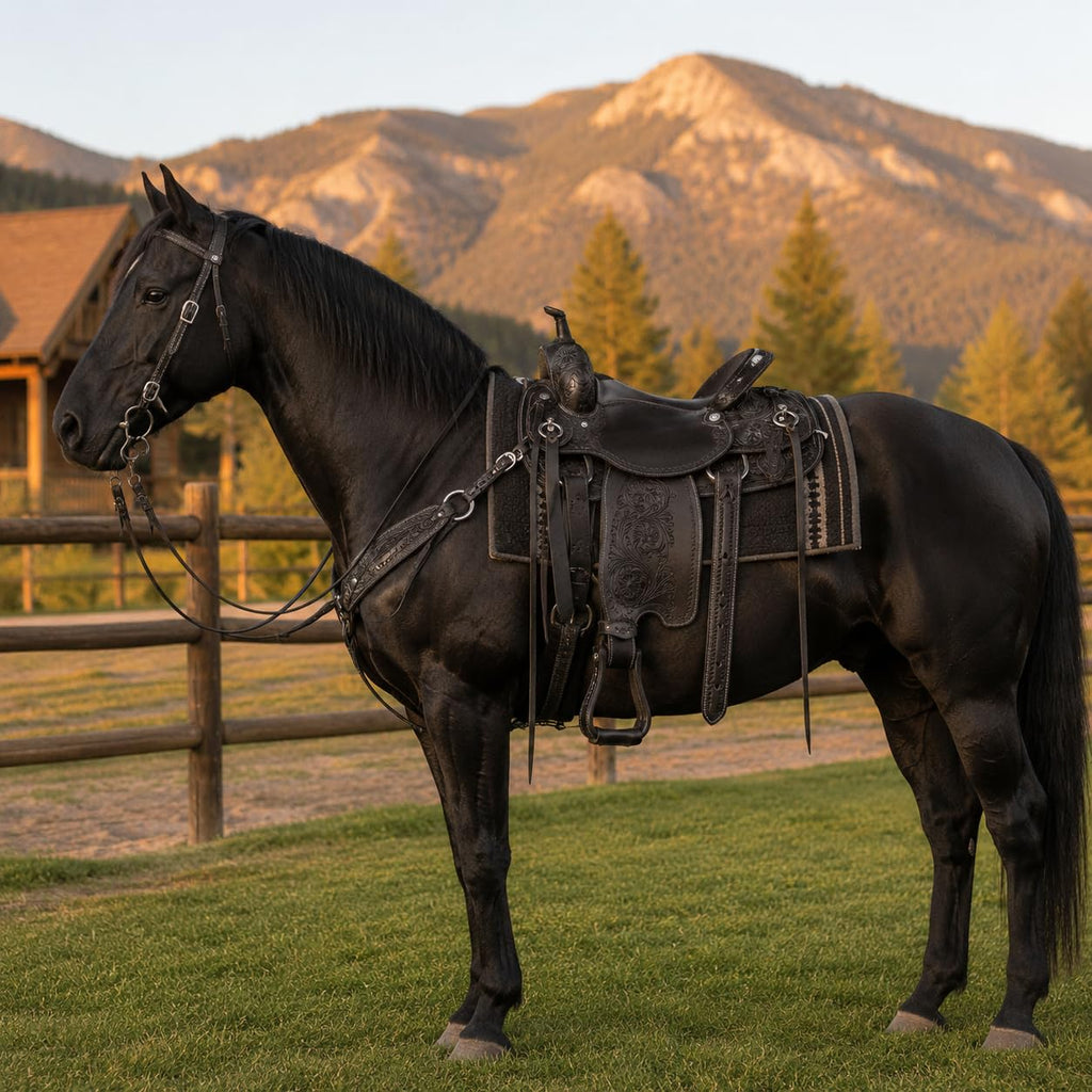 Black Floral Tooled Leather Western Saddles Combo Tack Set B359780