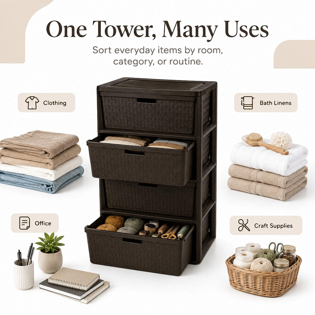 Brown 4-Drawer Plastic Storage Tower Q95643