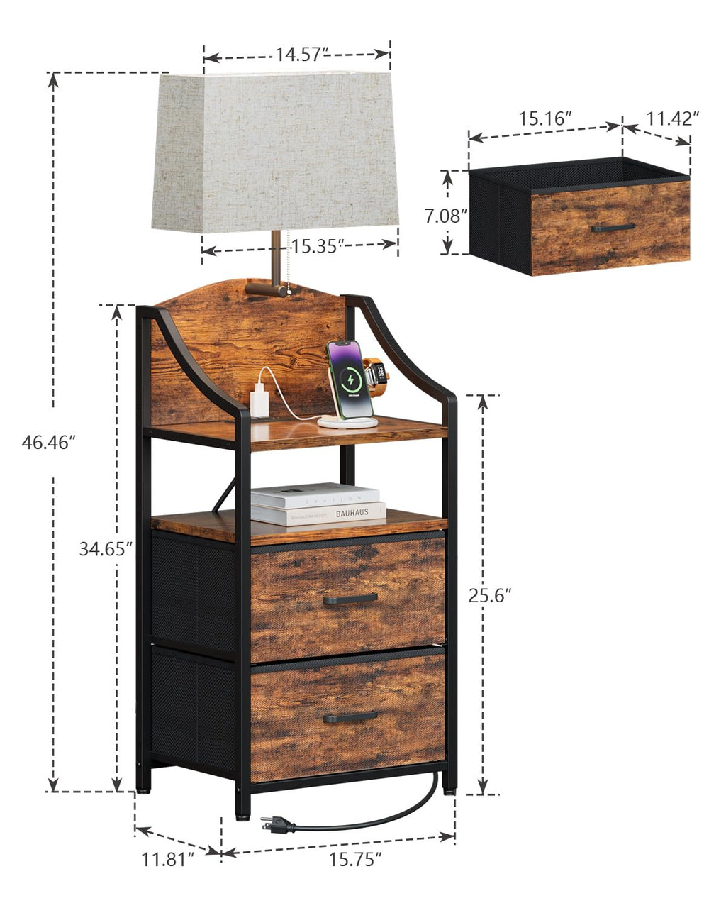 45" Tall Nightstand with Charging Station & Light E878