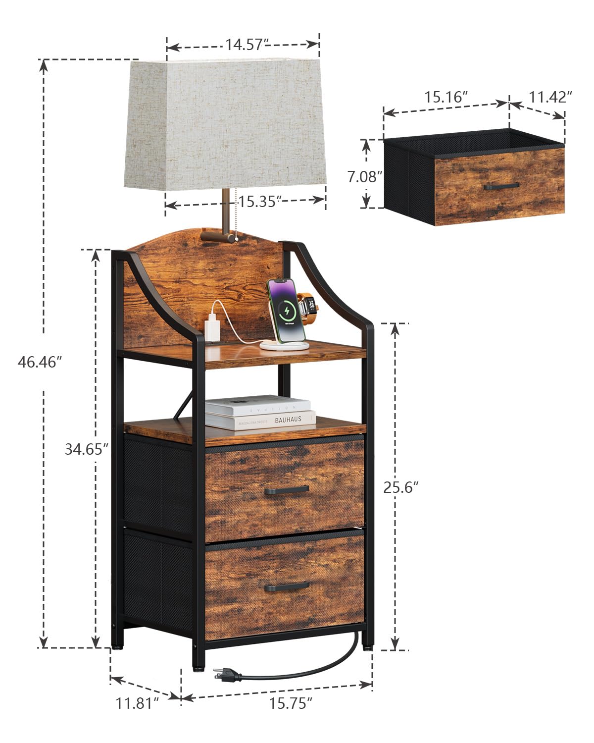 45" Tall Nightstand with Charging Station & Light E878