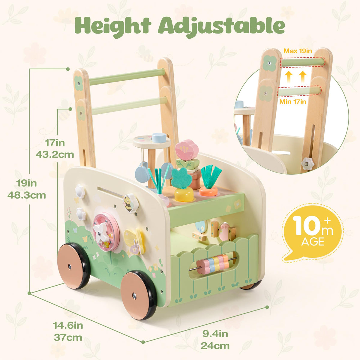 Wooden Baby Walker, 10-in-1 Activity Center Toys, Green X858