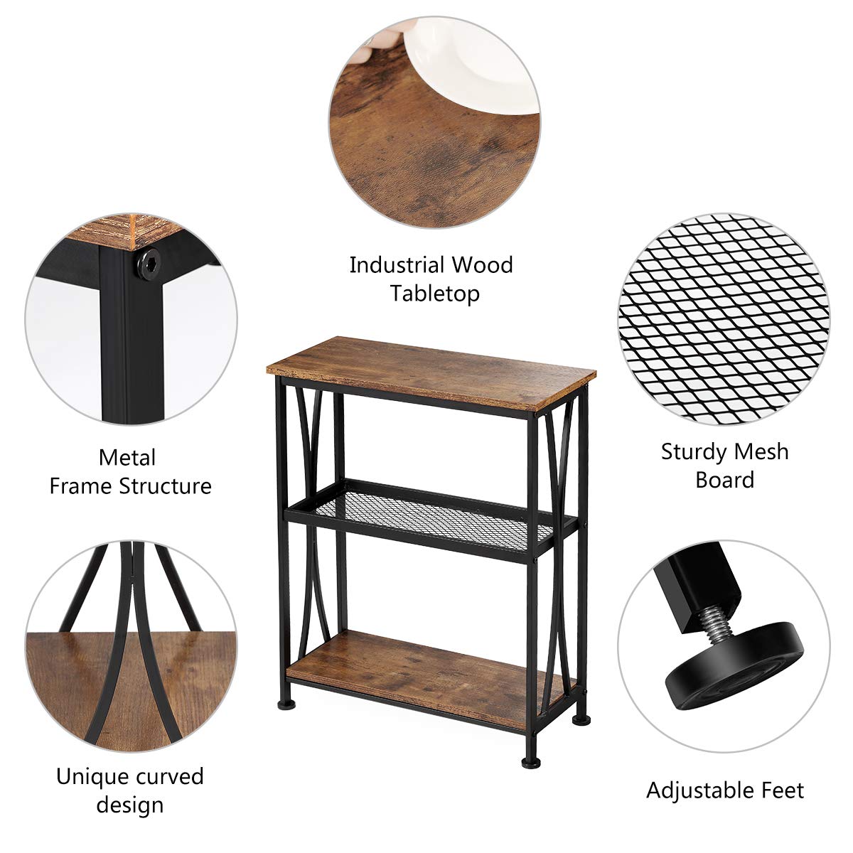 Narrow 3-Tier Side Table with Storage Shelves T468