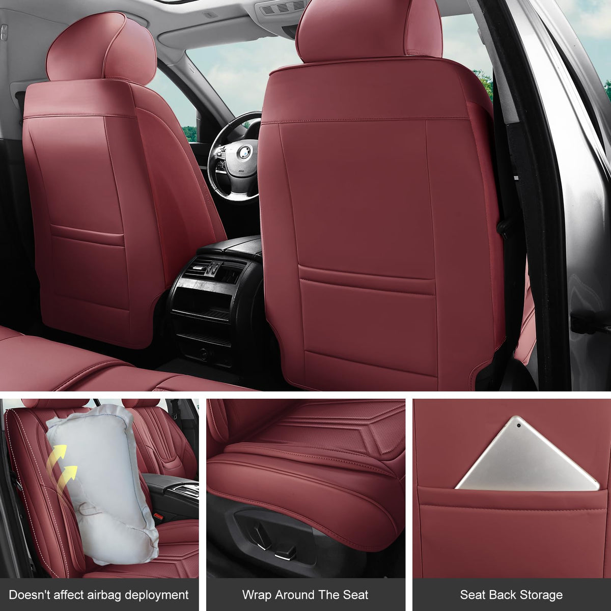 Burgundy Leather Full Set Car Seat Covers B92077