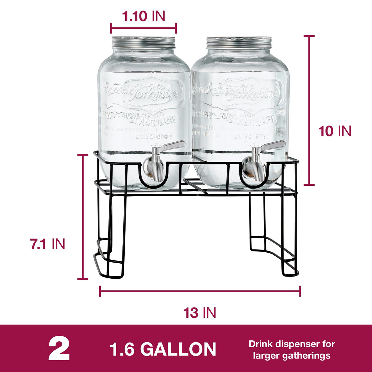 Glass Drink Dispenser with Stand, 1 Gallon, 2-Pack X393