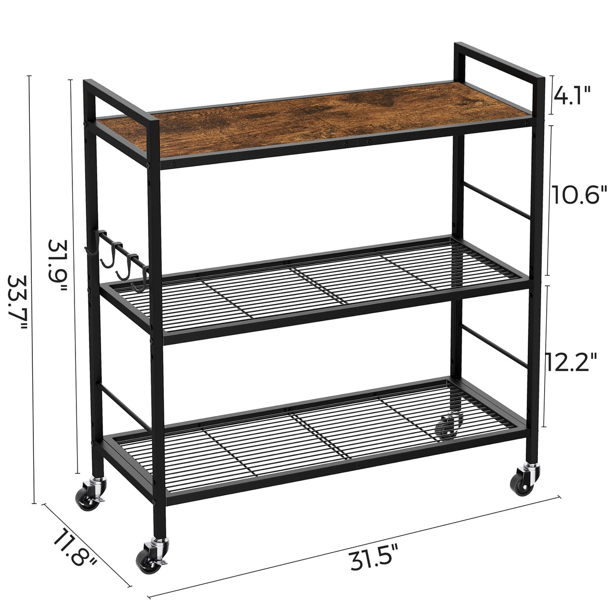 3-Tier Metal Storage Rack with Wheels, Mesh Shelving Unit, Black L813554