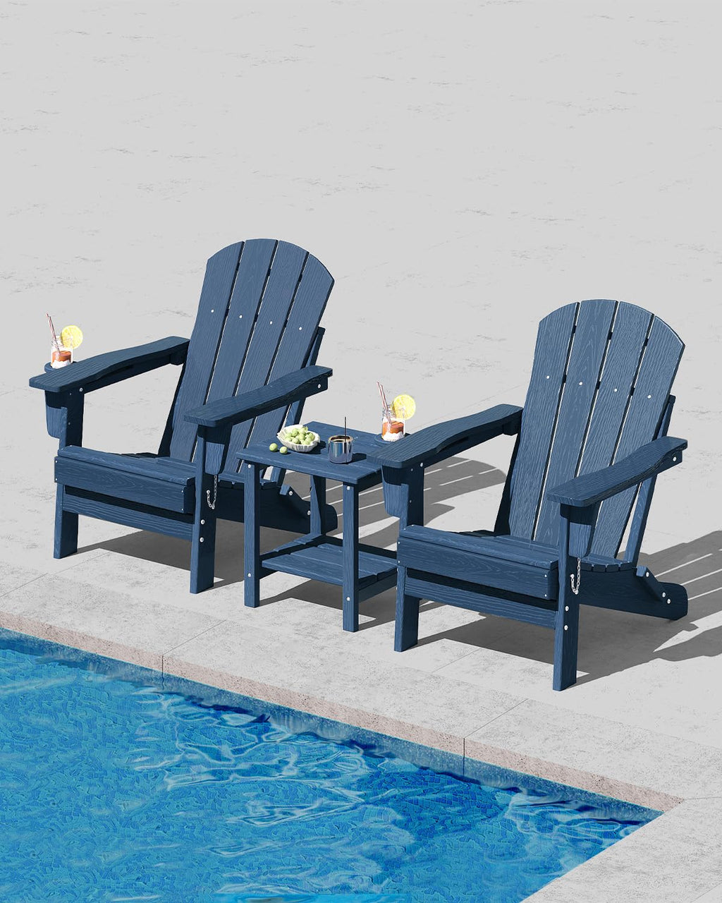 HDPE Folding Adirondack Chair Set of 2 with Side Table, Navy Blue Y3483