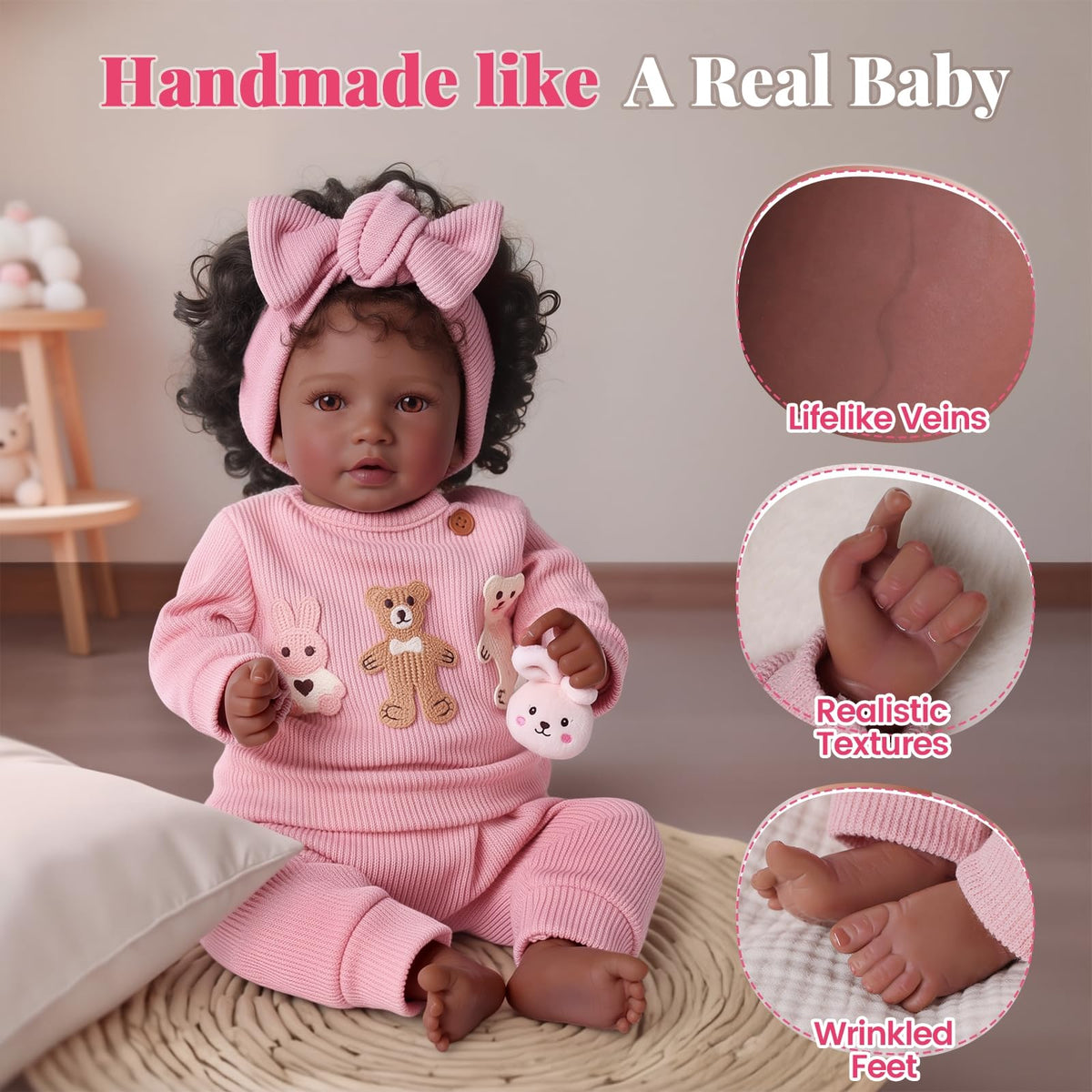 20 Inch Black Reborn Baby Doll with Rooted Hair X263798