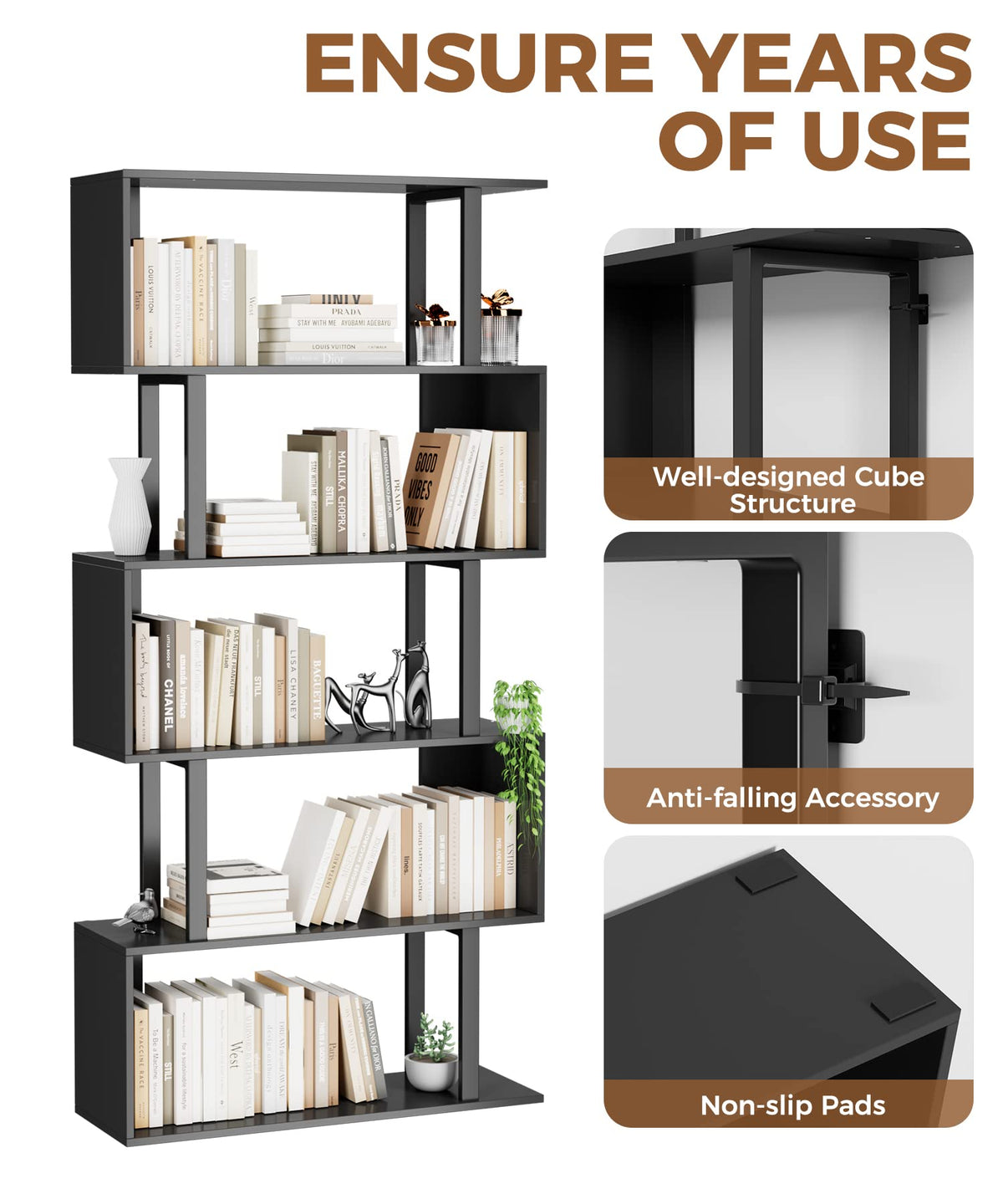 Black 5-Tier Geometric Wood Bookcase B45999