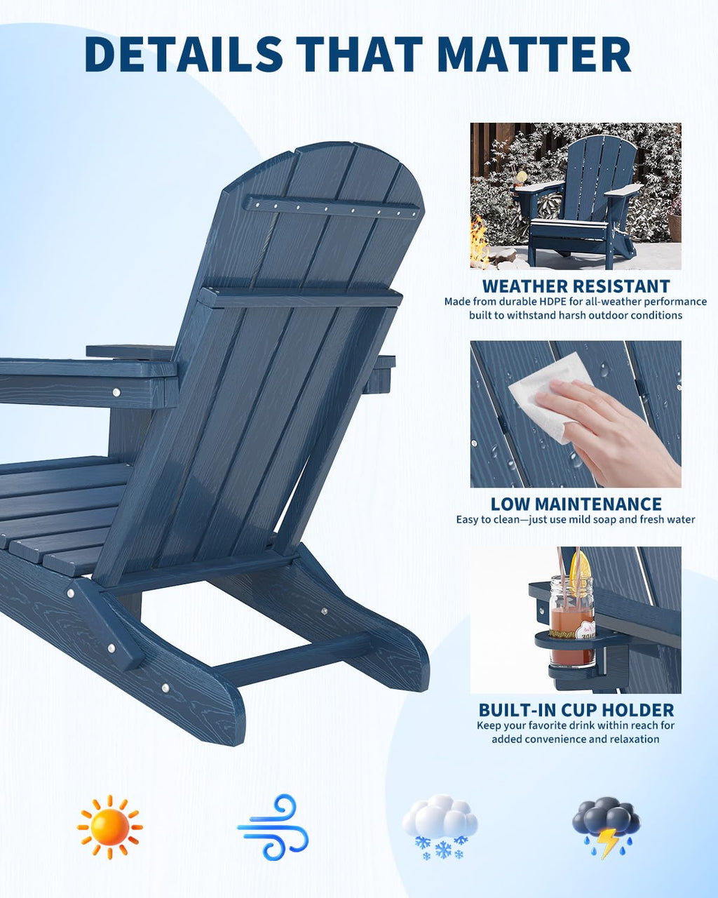 HDPE Folding Adirondack Chair Set of 2 with Side Table, Navy Blue Y3483